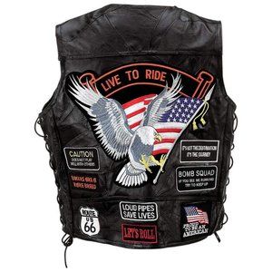 Genuine Buffalo Leather Biker's Vest with 14 Patches American Eagle on the back